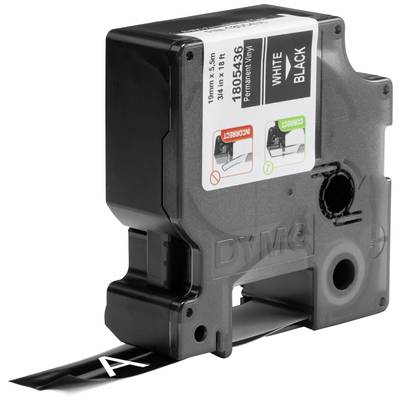 Black labelling tape cassette with white print, compatible with DYMO printers. Correct and incorrect insertion methods are shown.