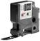 Black labelling tape cassette with white print, compatible with DYMO printers. Correct and incorrect insertion methods are shown.