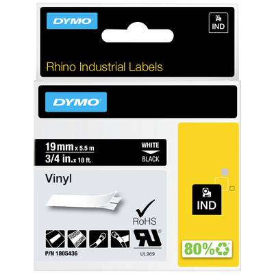 'Rhino Industrial Labels' Cardboard Packaging for White and Black Vinyl Labels, 19mm x 5.5m. Contains RoHS and UL Symbols.