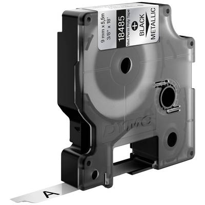 Black metallic labelling cassette for DYMO label printer, 9 mm x 5.5 m. Label with letter 'A' protruding.