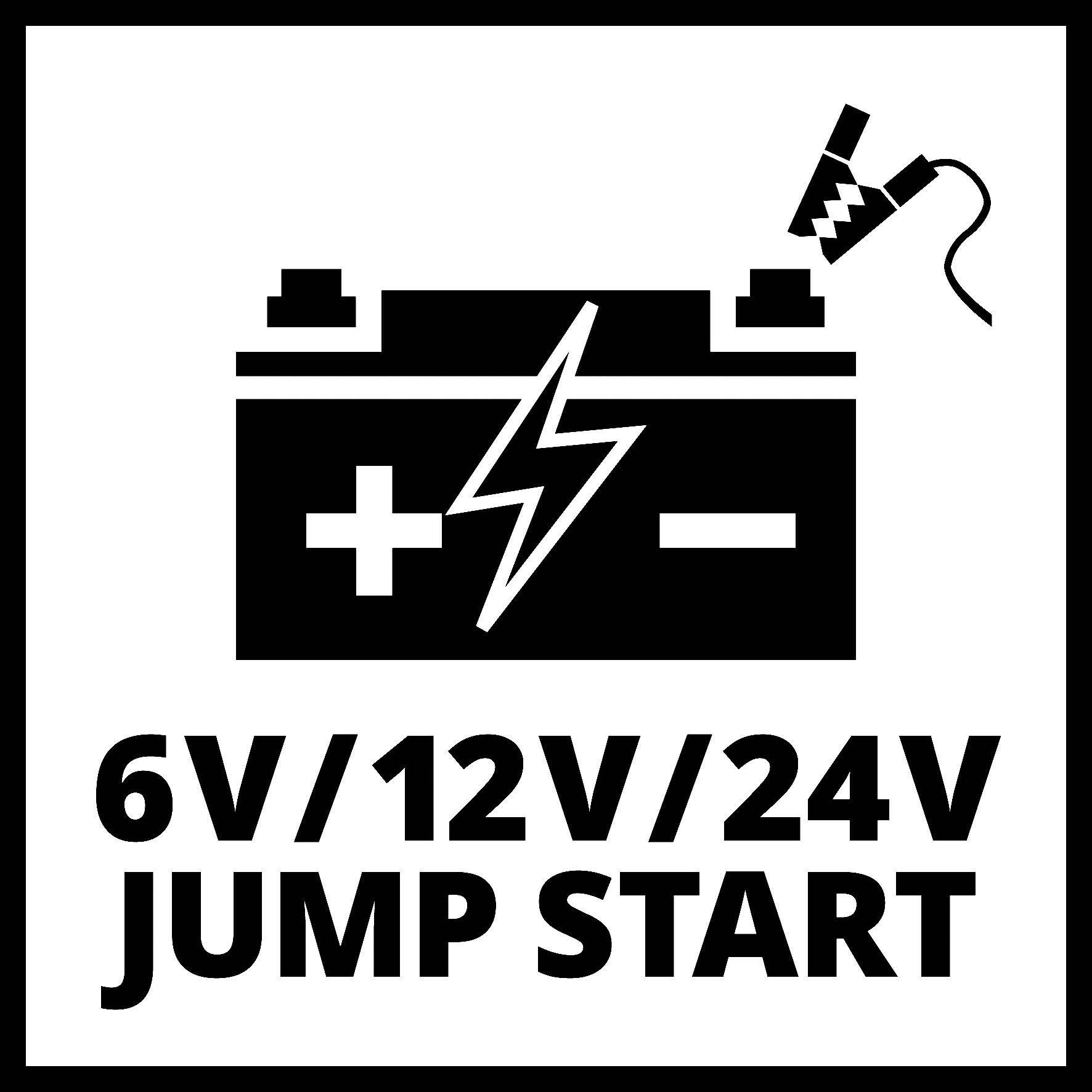 Black and white drawing of a battery with a cartoon lightning bolt, accompanied by the text '6V/12V/24V Jump Start'.
