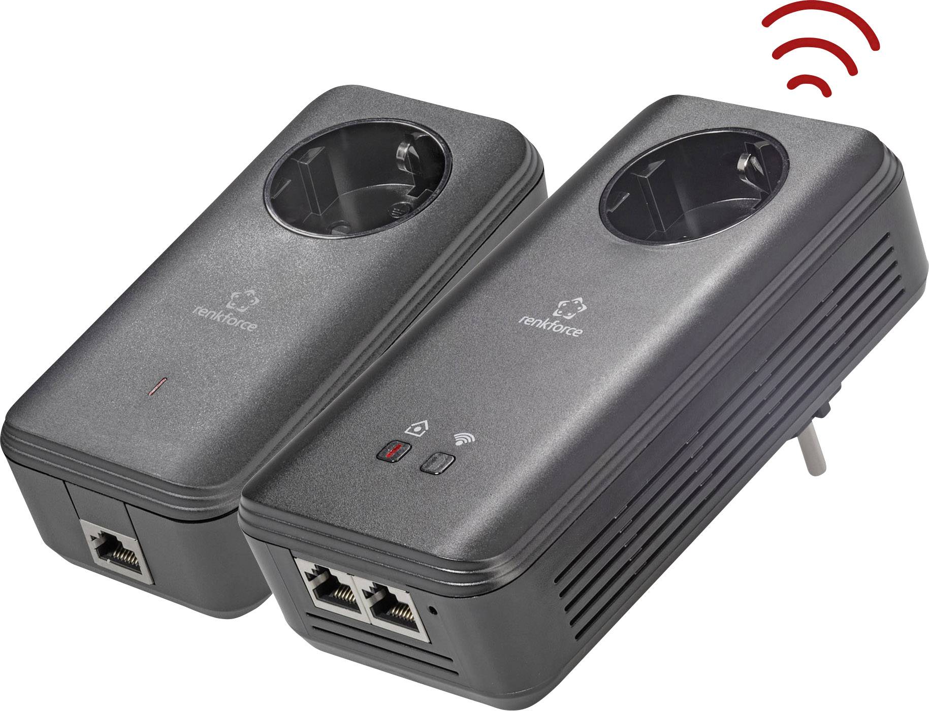 Two black Powerline adapters with plug sockets and Ethernet ports, designed to improve internet connectivity via the electrical mains network.