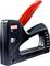 A black and red hand stapler by the brand 'Novus', model number J-13, suitable for 4-10 mm staples, is shown.