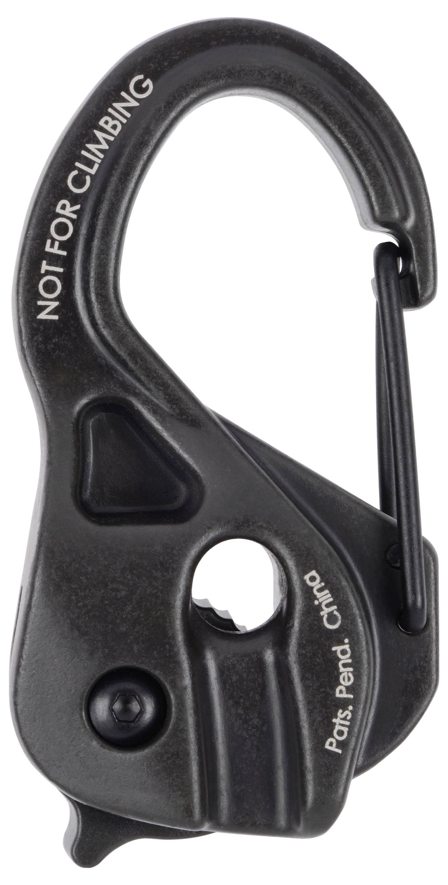A black carabiner-like tool with 'NOT FOR CLIMBING' text. Used for hanging gear, not weight-bearing. Compact, with a secure clip.