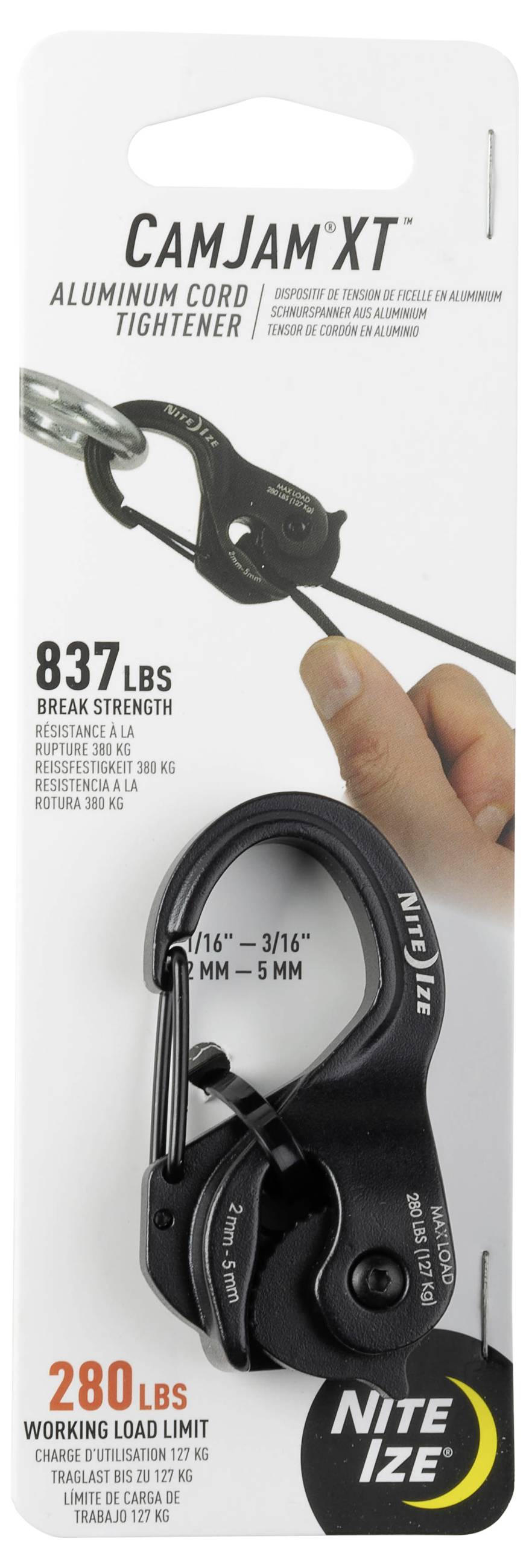 Packaging for 'CamJam XT Aluminum Cord Tightener' by Nite Ize, showing the device, break strength of 837 lbs, and working load limit of 280 lbs.