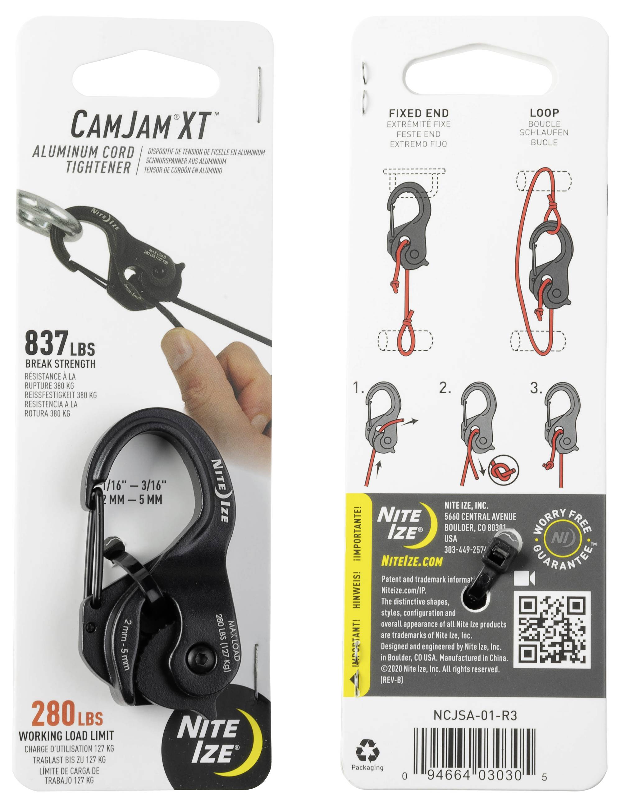 Front packaging of a CamJam XT aluminum cord tightener shows product image and specifications: 837 lbs break strength, 280 lbs working load limit. Back packaging illustrates usage with diagrams and text instructions for fixing and looping cords.