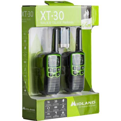 Two black and green walkie-talkies in packaging labelled 'XT30 Walkie-Talkie PMR446', with a range of up to 6 km.
