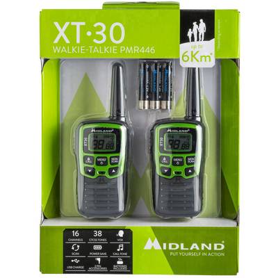 Two green walkie-talkies in a box with batteries, model 'XT-30', range up to 6 km, 16 channels, brand 'Midland'.