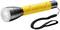 Yellow LED torch with black cord. The torch is made of metal and plastic and displays the 'Varta' logo.