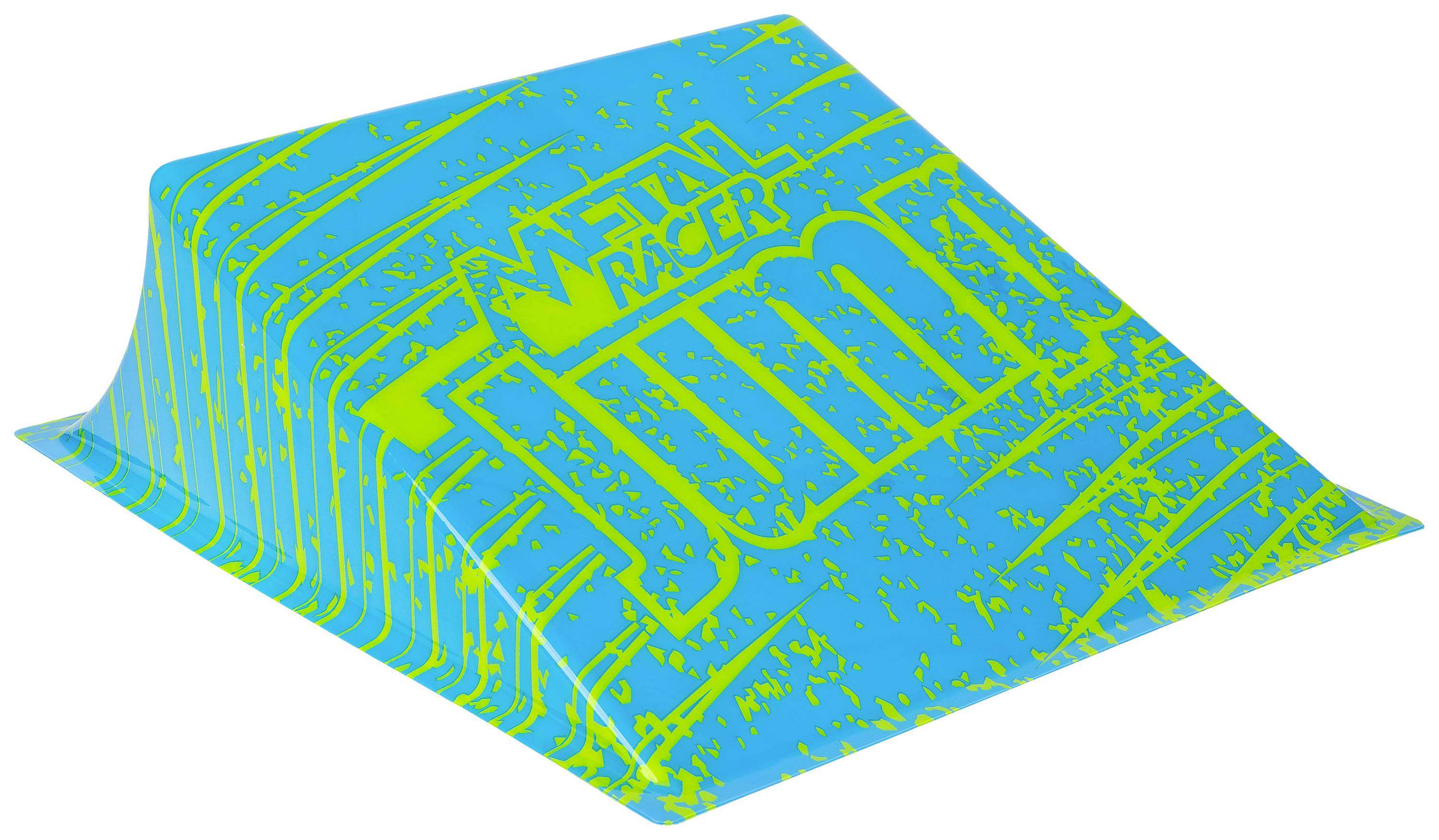 A colourful skateboard ramp with the inscription 'Metal Racer Jump', in bright colours, with a blue background featuring green and yellow patterns.