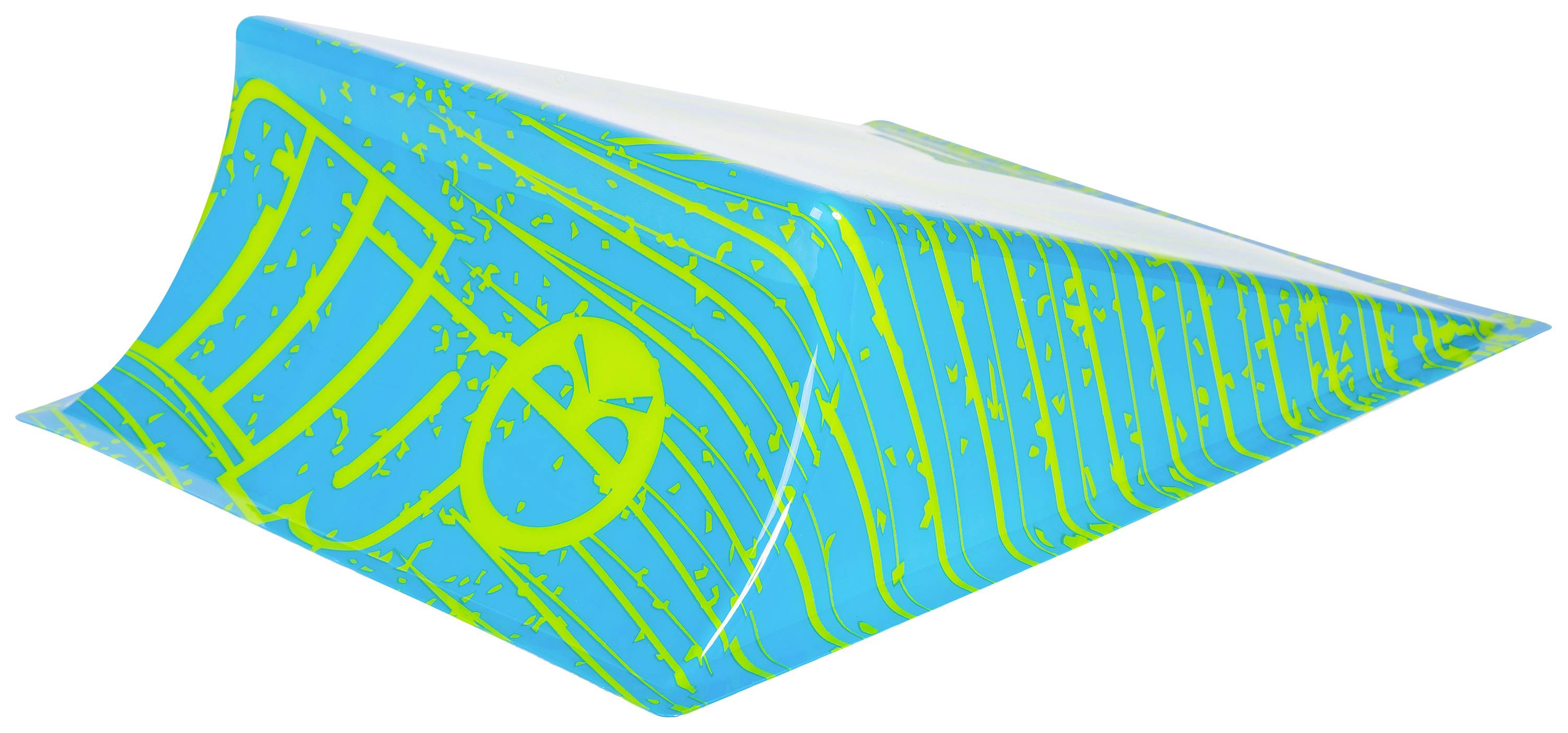 A blue-green, triangular object with a graphic pattern and the letter 'A'.