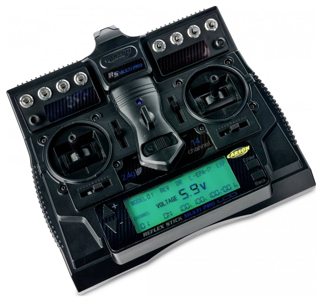 A black RC remote controller with dual joysticks and an LCD displaying 'Voltage 5.9V'.
