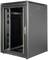 Black, empty server cabinet with a door, partially open. Used for storing IT equipment and servers.