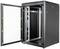 An open black server rack cabinet reveals the internal rack mounting, suitable for IT equipment and network devices.
