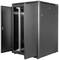 Black server rack cabinet with an open door; shows internal rails for mounting IT equipment.