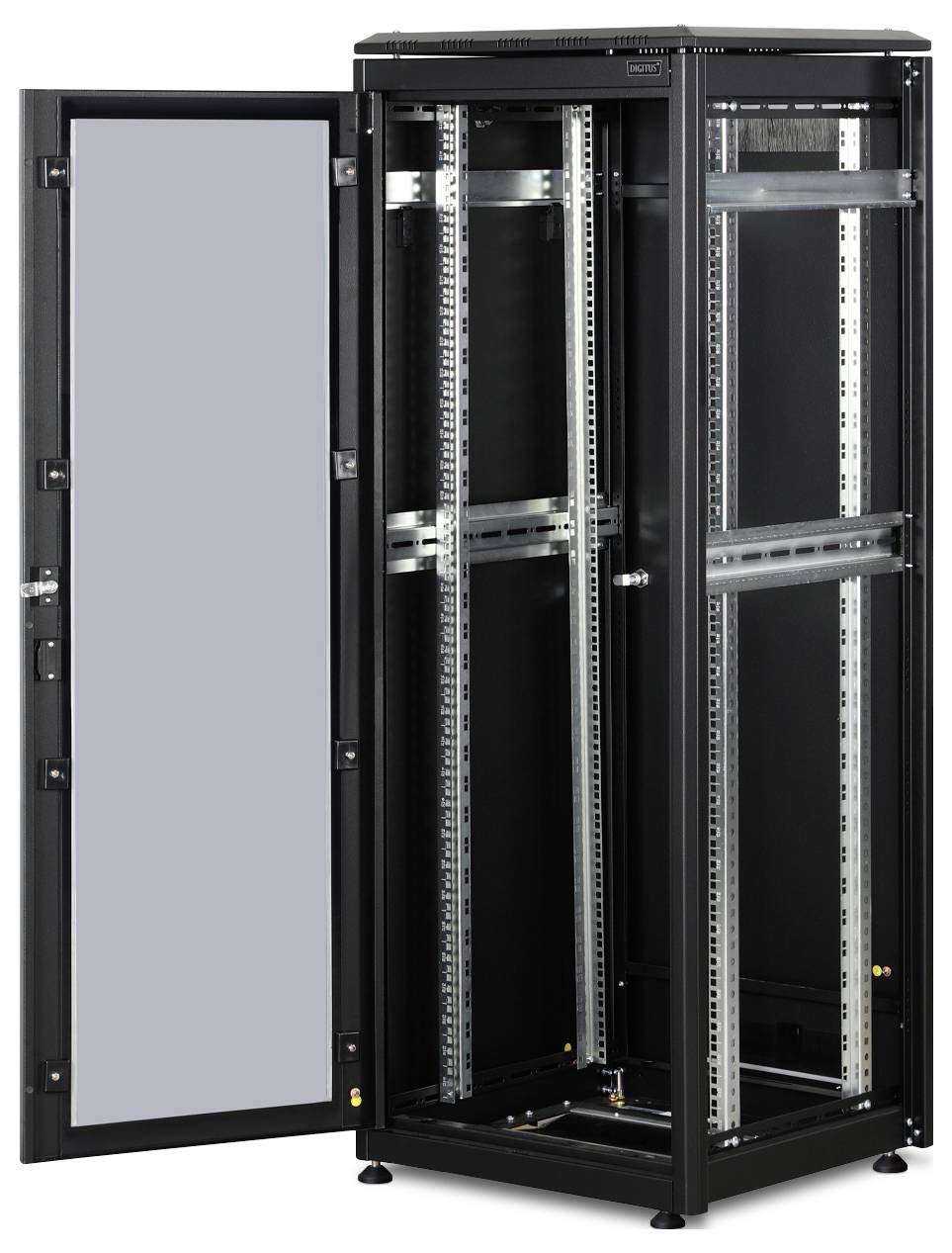 A tall, black server rack with an open door. Vertical metal rails are visible inside the rack.