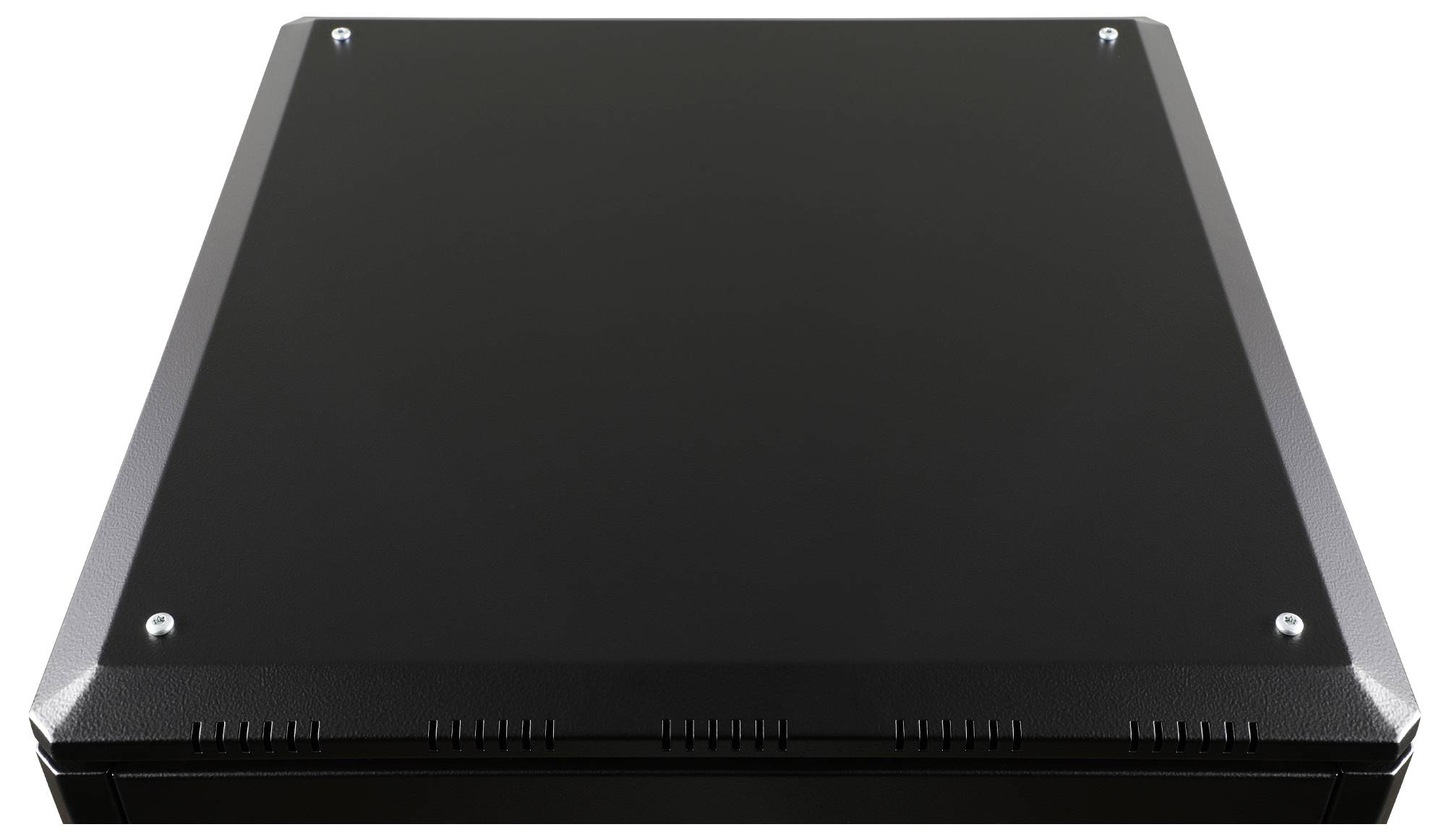 A black metal enclosure with ventilation slots and four visible screws at the corners.