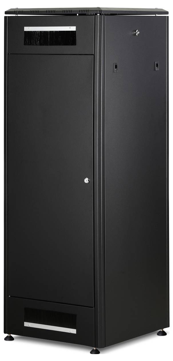 Black server cabinet with a locked door and ventilation openings at the top and bottom, suitable for IT hardware in data centres.