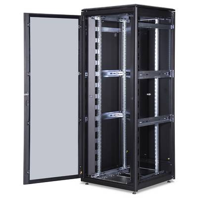 An empty, open server rack with a transparent front door. It displays multiple bays for installing server hardware.