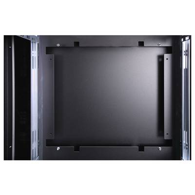 An empty black server cabinet with a metal frame and side mounting points, ready for hardware installation.