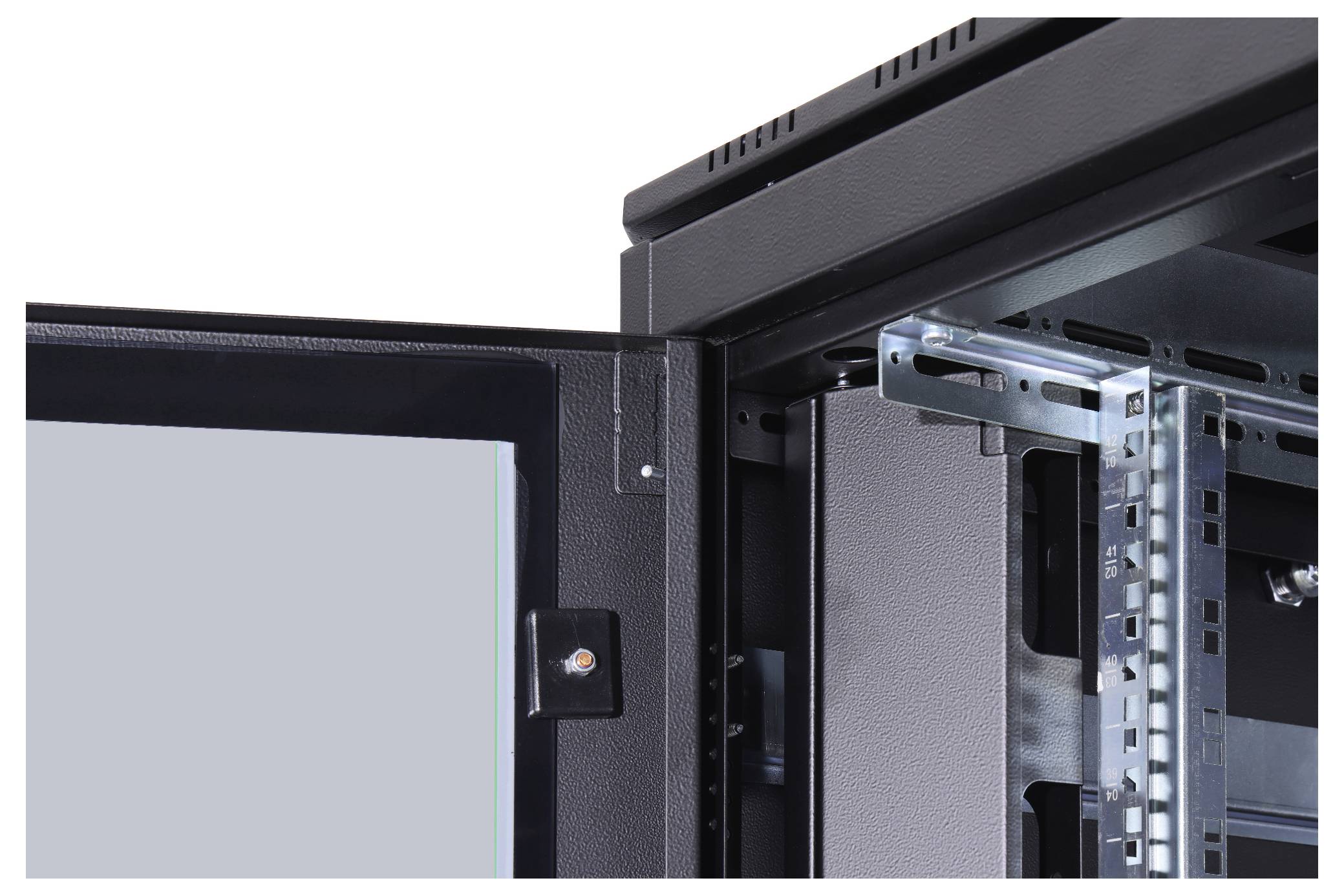 An open server cabinet reveals part of its internal structure with mounting racks and an empty outer frame.