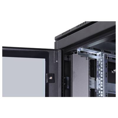 An open server cabinet reveals part of its internal structure with mounting racks and an empty outer frame.
