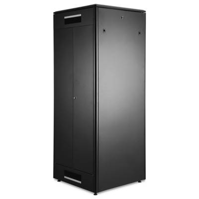 A tall, black metallic cabinet with doors, suitable for storing equipment or documents in an office or IT environment.