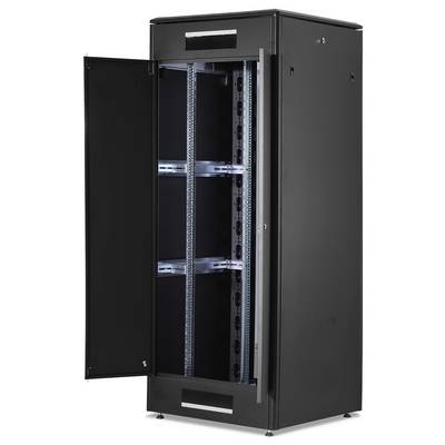 A black, empty server cabinet with an open door, providing space for the installation of IT equipment.
