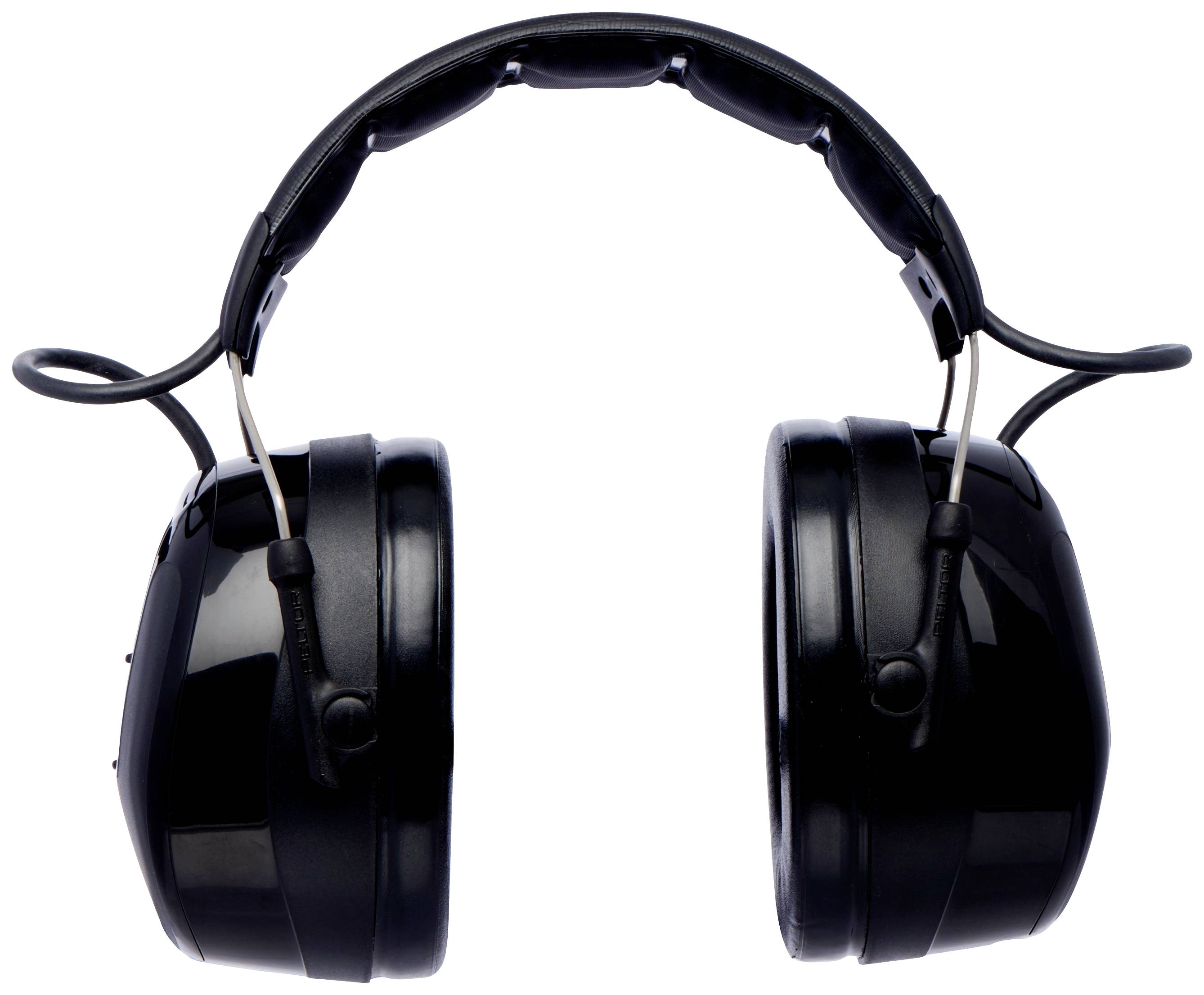 Black sound-isolating headphones, front view. Suitable for noise protection in loud environments.