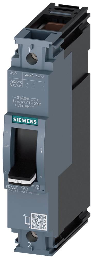 A Siemens circuit breaker in a grey enclosure with a switch lever, model designation, and QR code. Used in electrical installations.