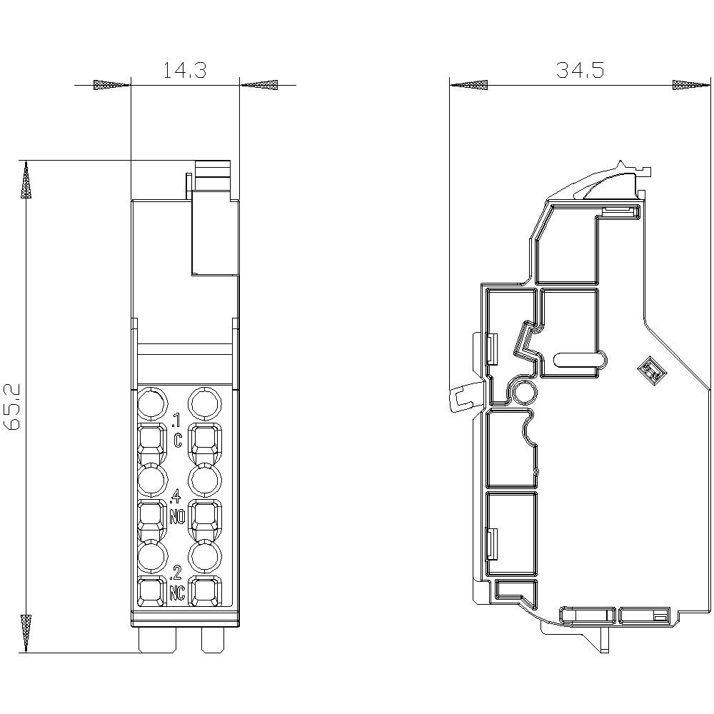 Technical drawing of an electrical component with dimensions: Height 65.2 mm, Width 14.3 mm, and Depth 34.5 mm. Front and side view.