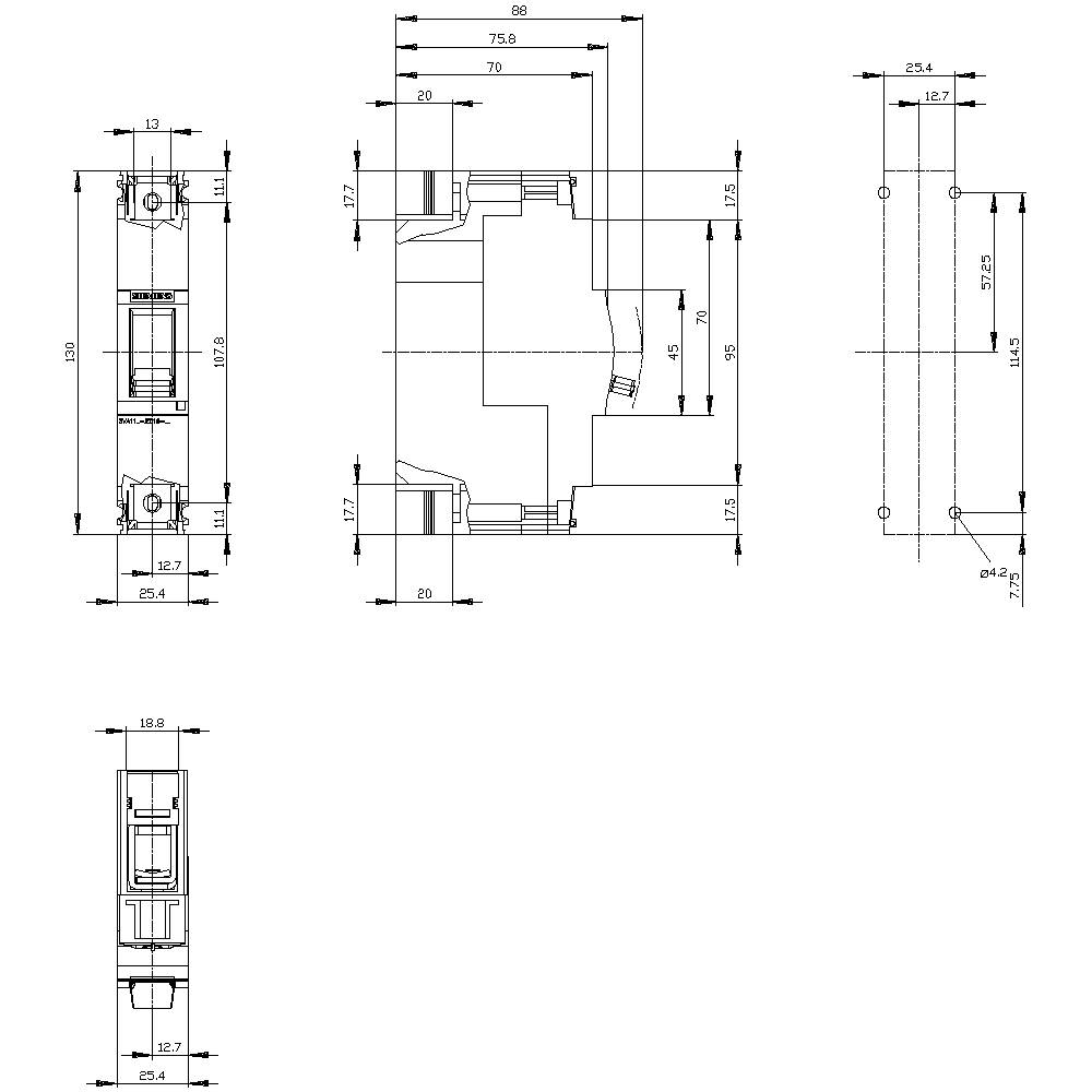 Technical drawing of a device with multiple views and precise dimensional specifications in millimetres.