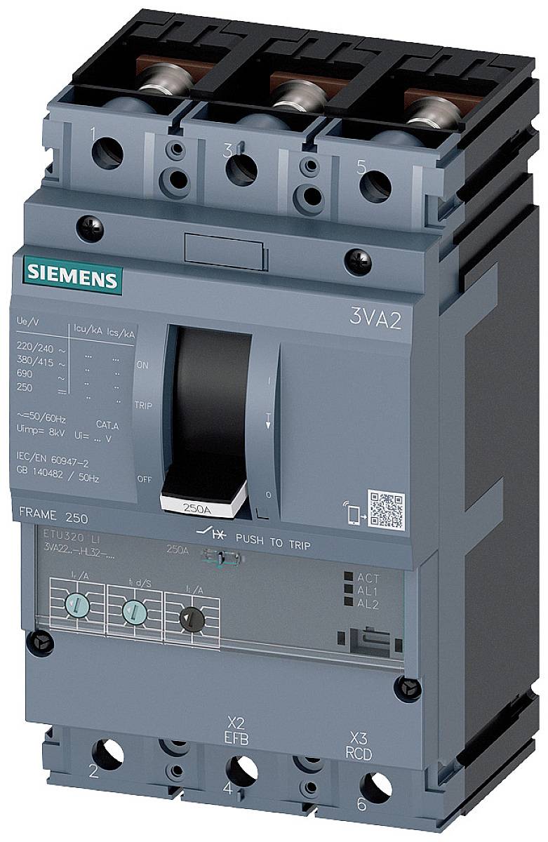 Siemens 3VA2 circuit breaker, grey, with switching lever and LED indicators. Specifications: voltage and current strength are visible.