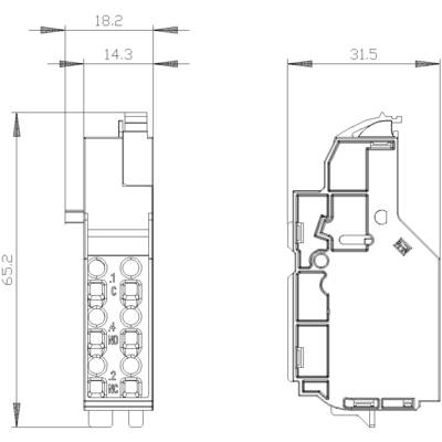 Technical drawing of an electrical module with detailed dimensions on two views: front and side view.