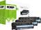 Three black toner cartridges in front of packaging with the labels 'KMP' and 'HP 305A', with a green leaf motif.