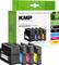 Four ink cartridges in Black, Cyan, Magenta and Yellow in front of packaging with 'KMP' label. Suitable for HP printers.