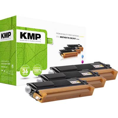 Three black toner cartridges in front of a KMP packaging with the inscription 'Know how in modern printing'.