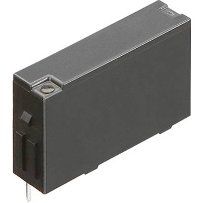A small, rectangular black electronic component with two metal pins on the underside, typically used for circuit boards.