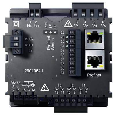 A black electronic device with numerous ports and two Ethernet ports. On the front are 'Profinet Status' and the model number.
