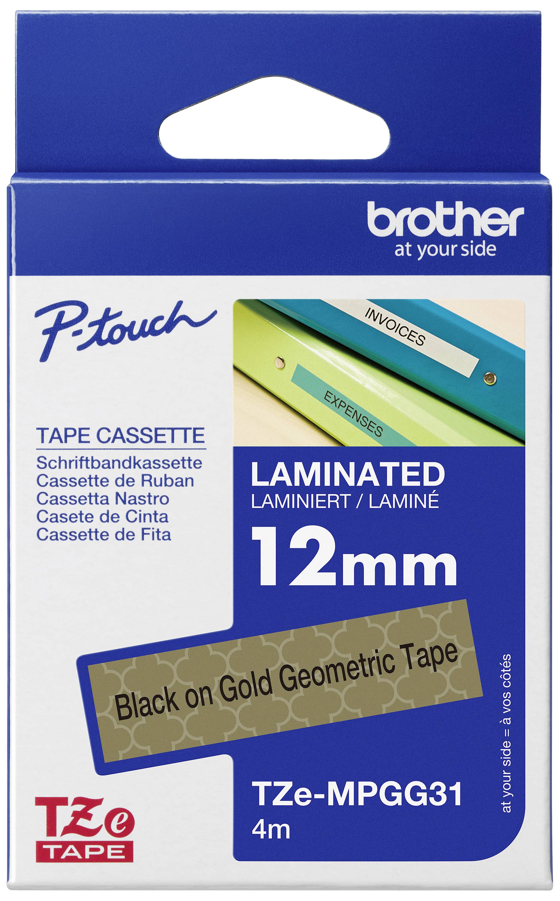 Brother TZe-MPGG31 Labelling tape (with pattern) Tape colour: Gold (geometric pattern) Font colour: Black 12 mm 4 m