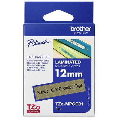 'TZE-MPGG31' Label tape cartridge, laminated, 12mm width, 4m length, black on gold, geometric pattern, for Brother P-touch.