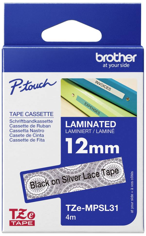 Brother TZe-MPSL31 Labelling tape (with pattern)   Tape colour: White (silver lace pattern) Font colour: Black 12 mm 4 m