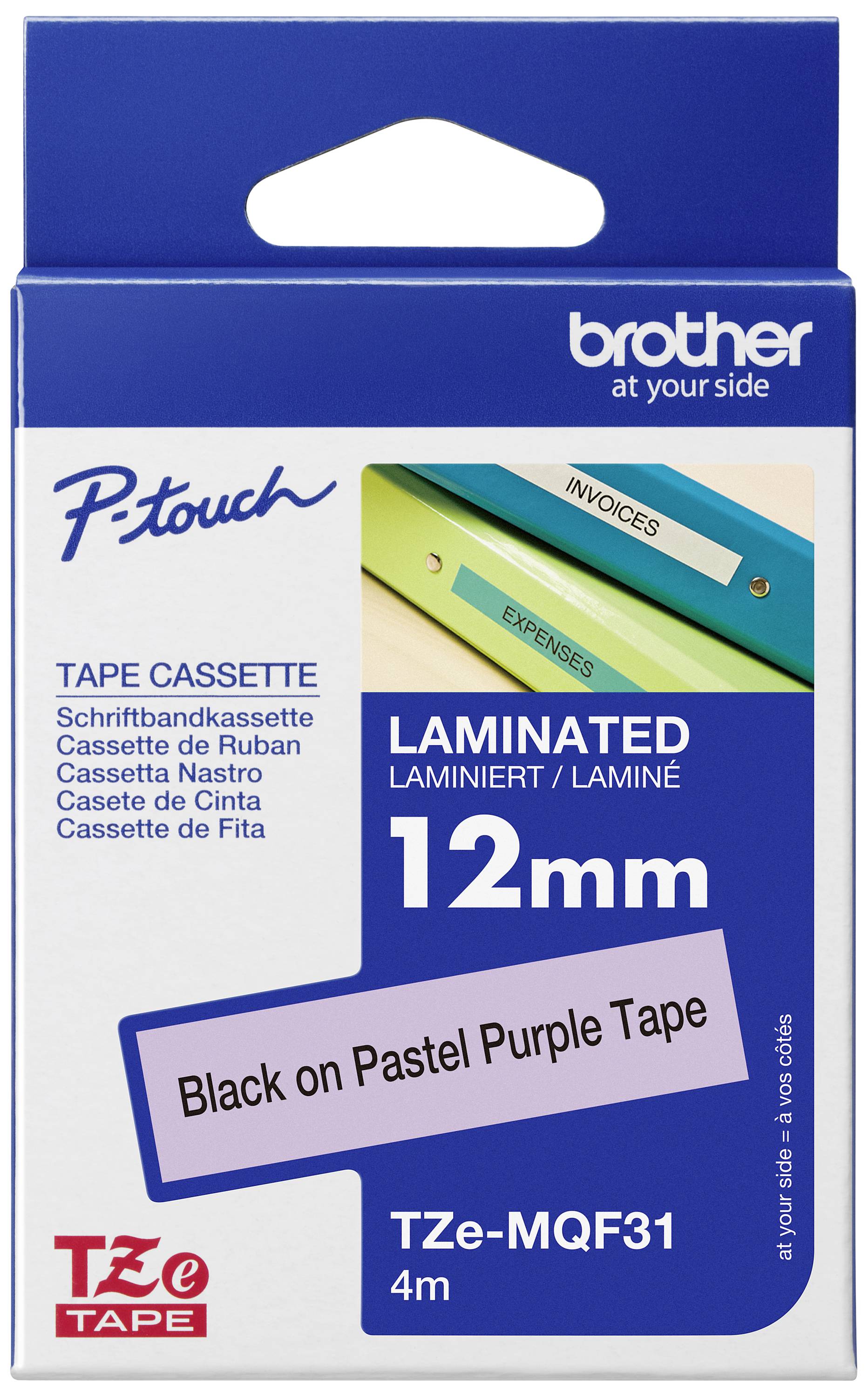 'Brother P-touch' Laminating Tape Cassette, 12 mm, black on pastel purple, 4 m, for labelling folders and documents.
