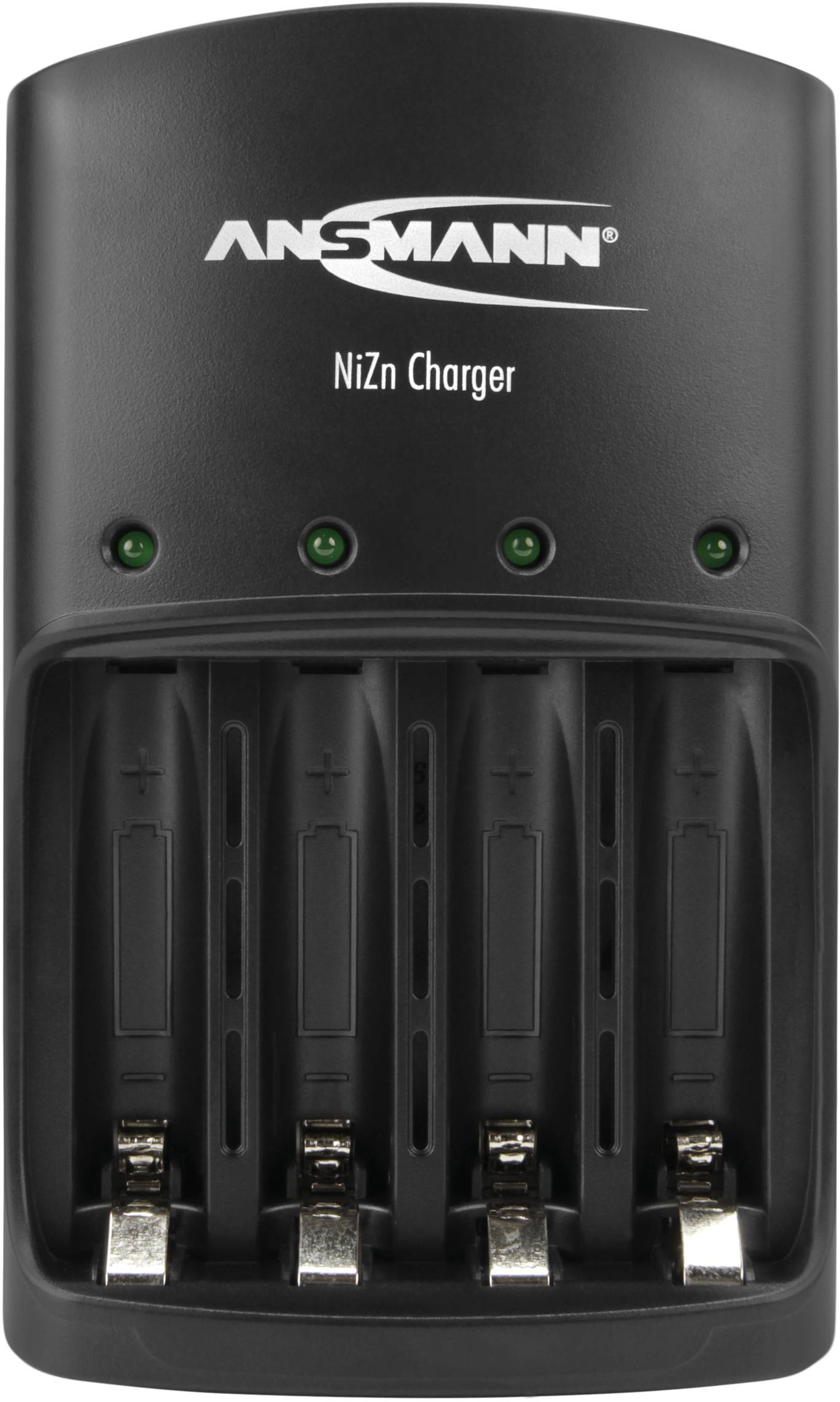 Black and grey Ansmann NiZn battery charger with four charging slots and green indicator lights on top.