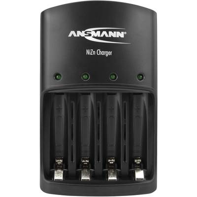 Black and grey Ansmann NiZn battery charger with four charging slots and green indicator lights on top.
