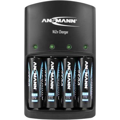 Battery charger with five inserted NiZn AA batteries by Ansmann, charging indicator with green status lights on top.