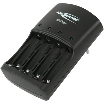 Black battery charger with four charging slots and LED indicators.