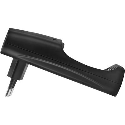 Black electric razor lying on its side with visible plug.