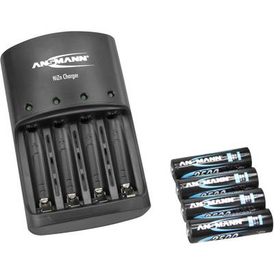 A black battery charger for NiZn batteries by Ansmann with four charging slots. Five Ansmann AA batteries are placed beside it.