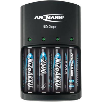 Black Ansmann charger with five NiZn batteries inserted. Green LED indicators are visible at the top.